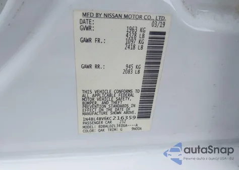 2019 Nissan Altima 2.5 S z USA, uszkodzony, nr VIN 1N4BL4BV6KC216359